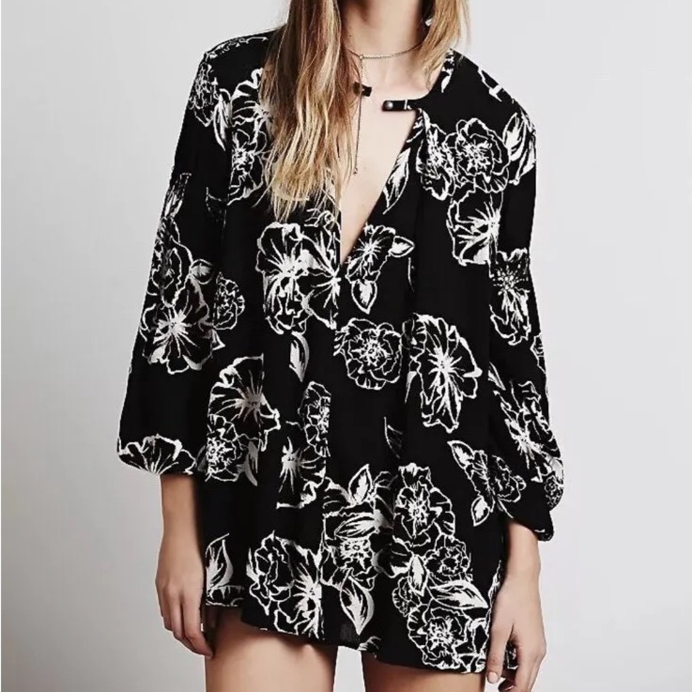 Free People Black Floral Tunic M